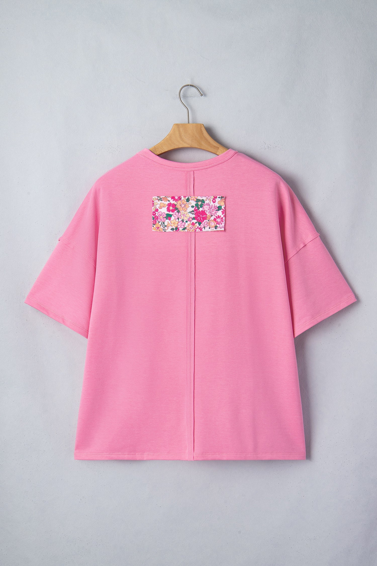 Bright Pink Floral Patched Raw Seam Big Flower Oversize Tee