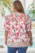 Pink Plus Size Floral Print Striped Trim V Neck Blouse