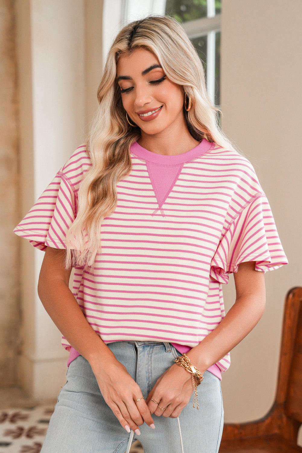 Bright Green Striped Ruffle Sleeve Round Neck Top