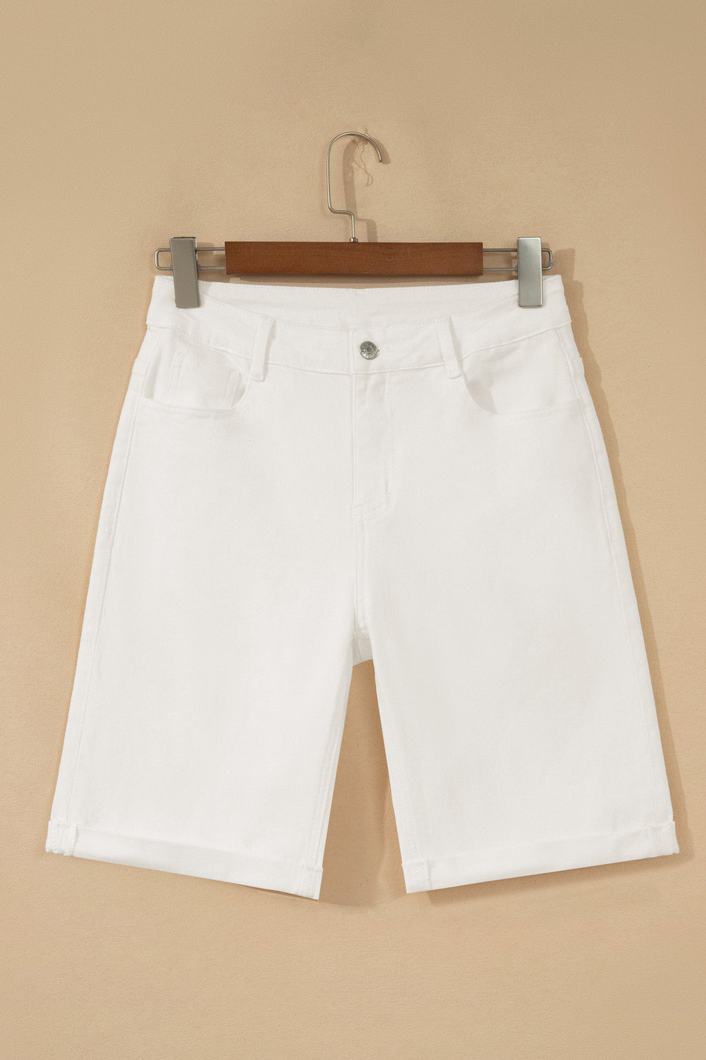 White Solid Color Rolled Cuffs Denim Bermuda Shorts