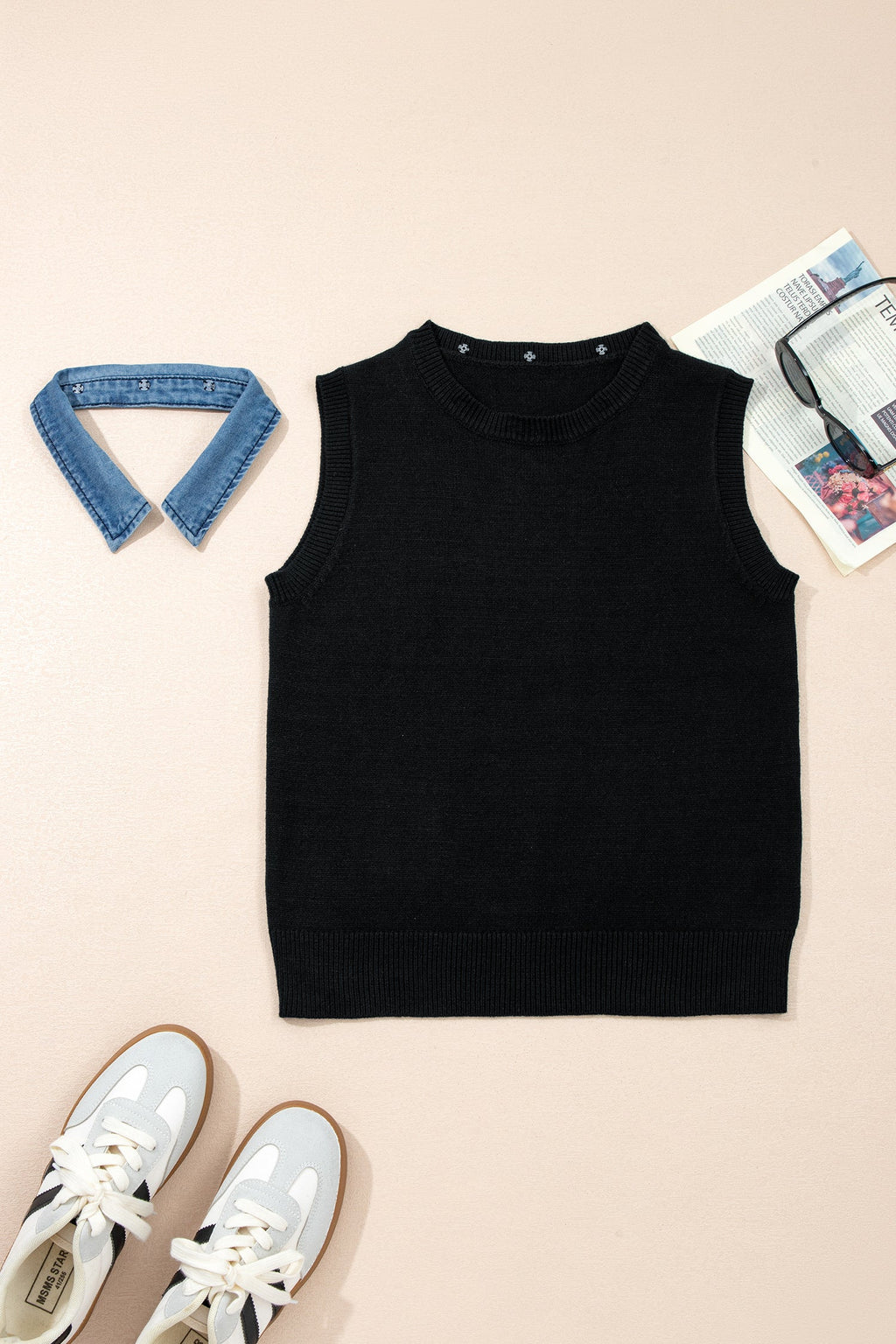 Black Solid Color Knit Contrast Denim Patchwork Collar Sweater Vest