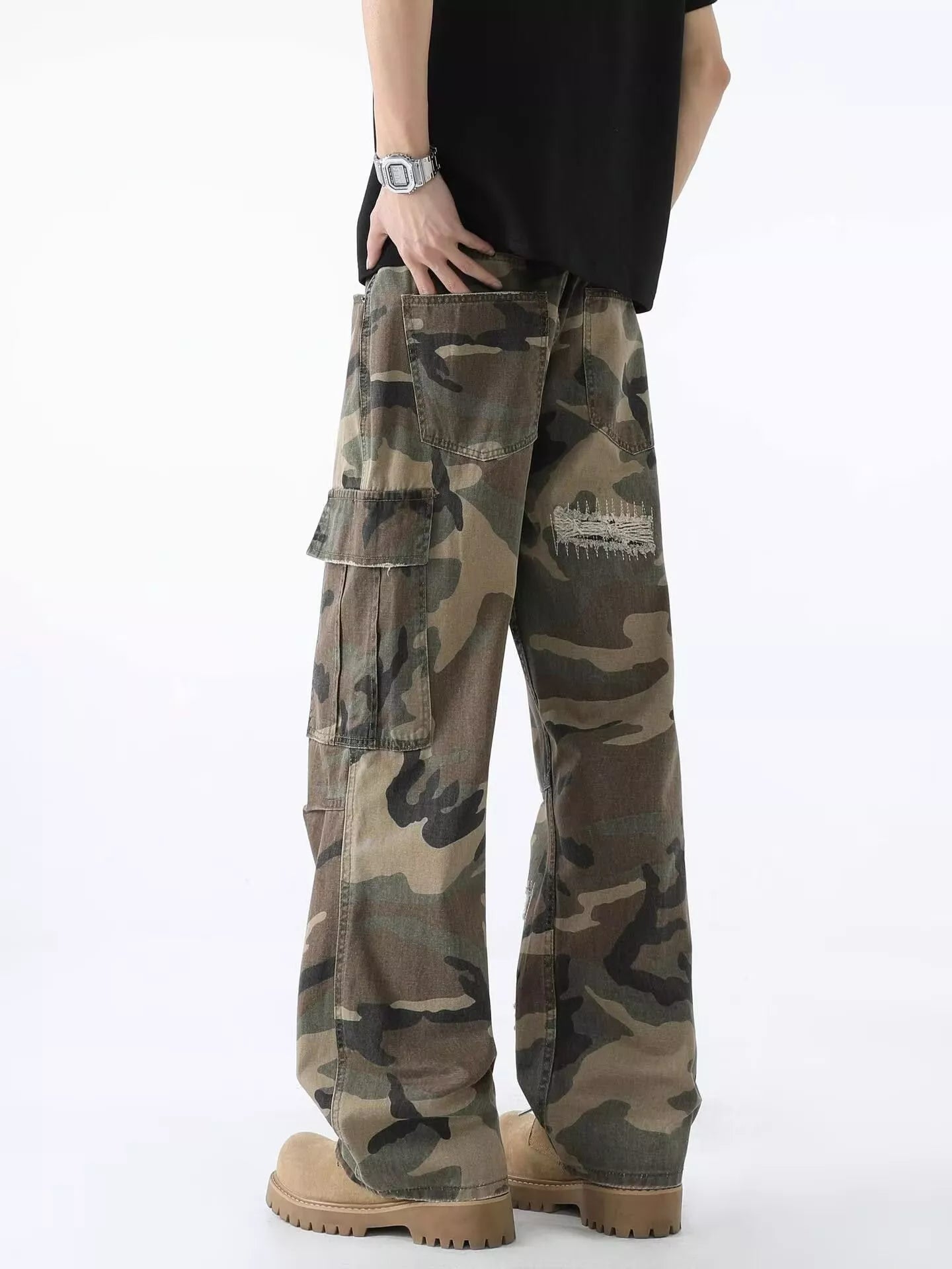 Men's Full Size Distressed Camouflage Wide Leg Jeans Plus Size