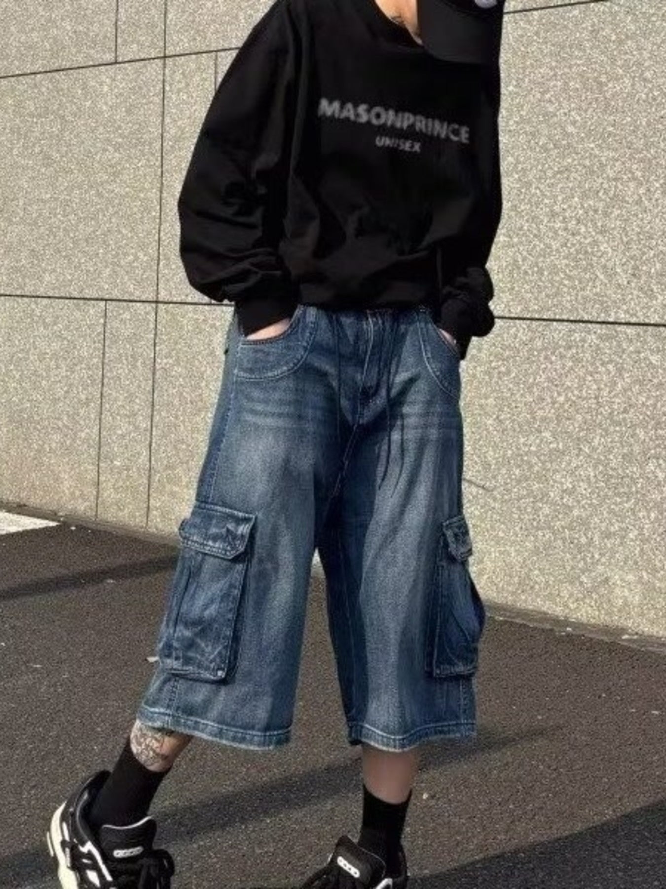 Men's Full Size Loose Fit Cargo Denim Capris Plus Size
