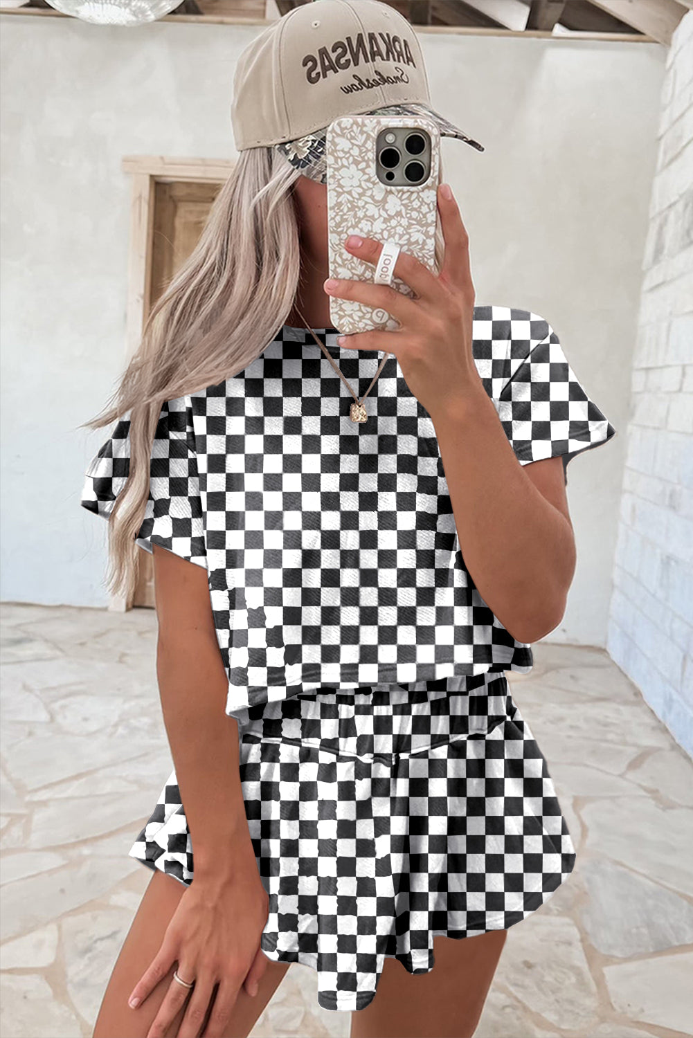 Brown Checkerboard T Shirt and High Waist Skorts Set