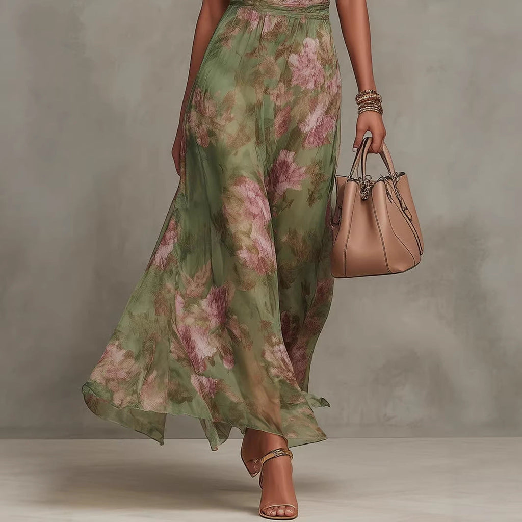 Green Graffiti Print Mesh Suspender Maxi Dress – High-Waist Irregular Slit Streetwear Dress