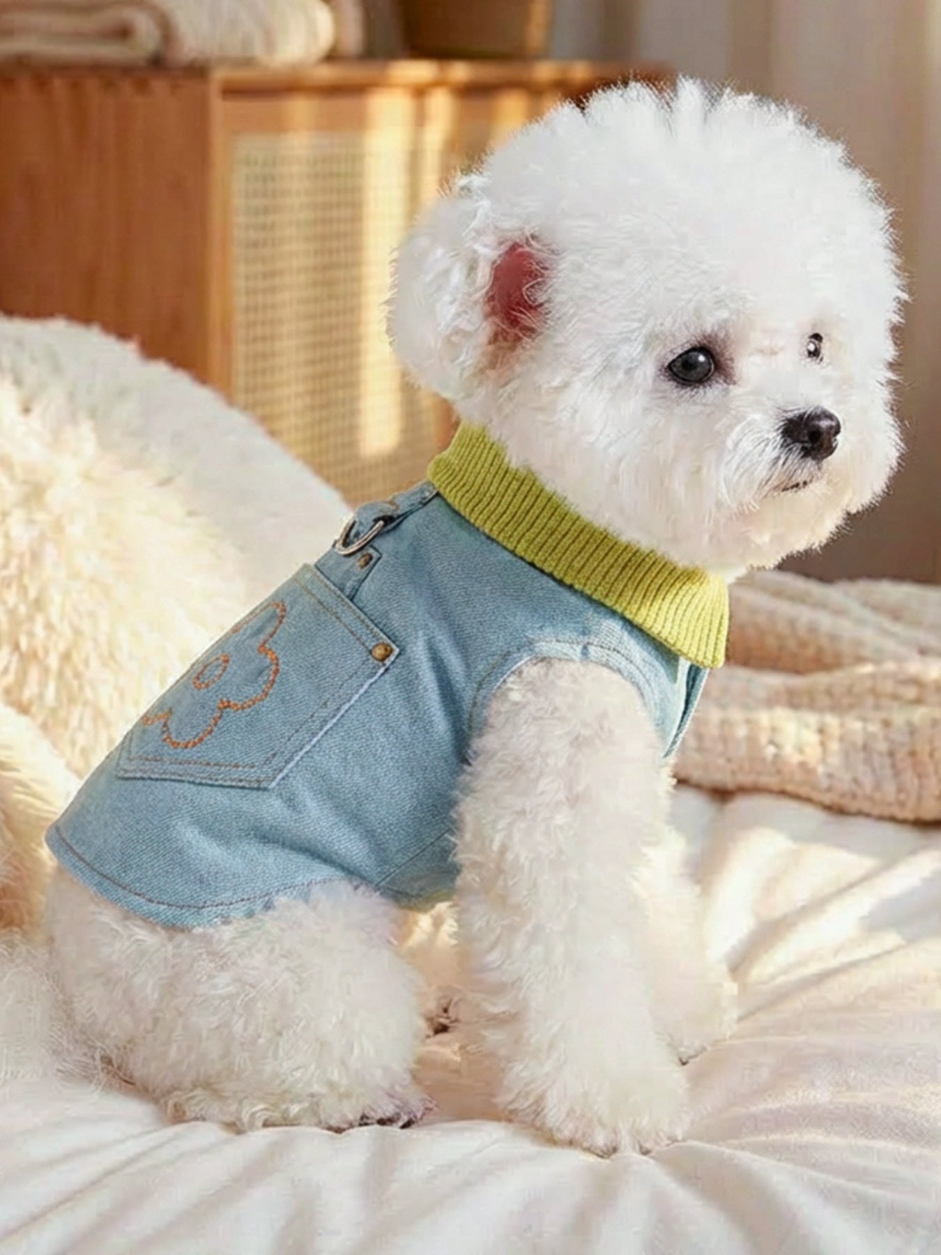 Denim Flower Embroidered Pet Top