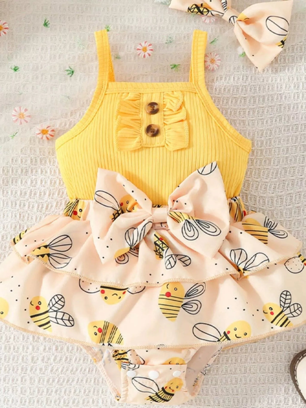 Children's Bee Print Ruffle Trim One-Piece Bodysuit Dress