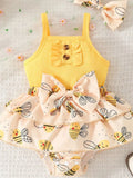 Children's Bee Print Ruffle Trim One-Piece Bodysuit Dress