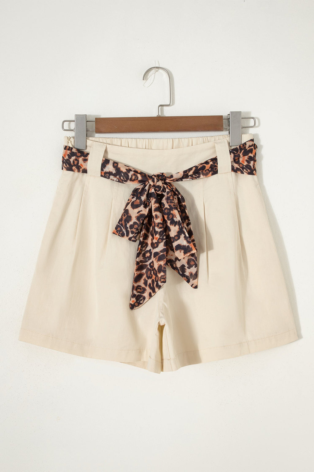 Oatmeal Leopard Contrast Sash Belt Pleated Wide Leg Shorts