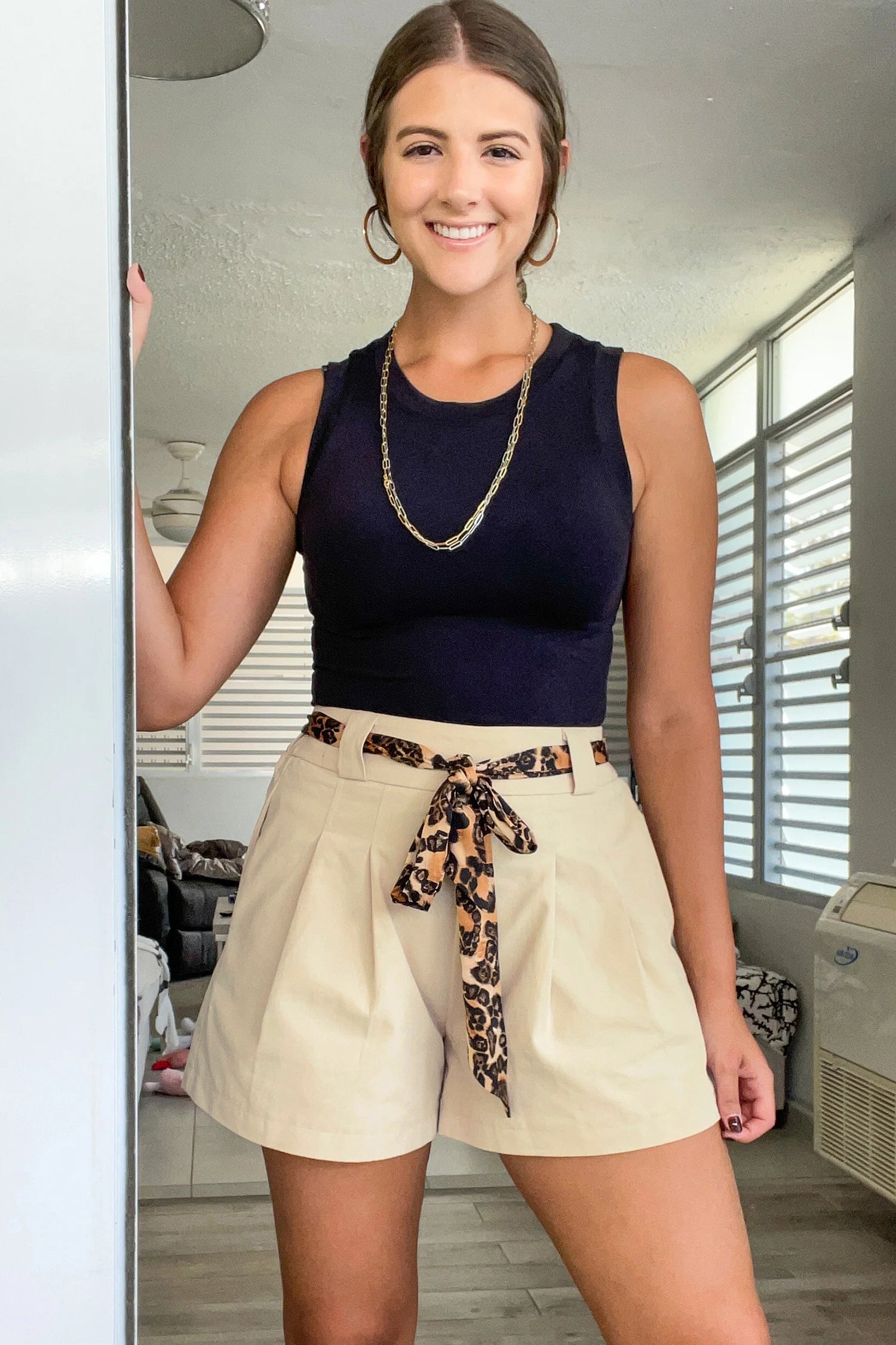 Oatmeal Leopard Contrast Sash Belt Pleated Wide Leg Shorts