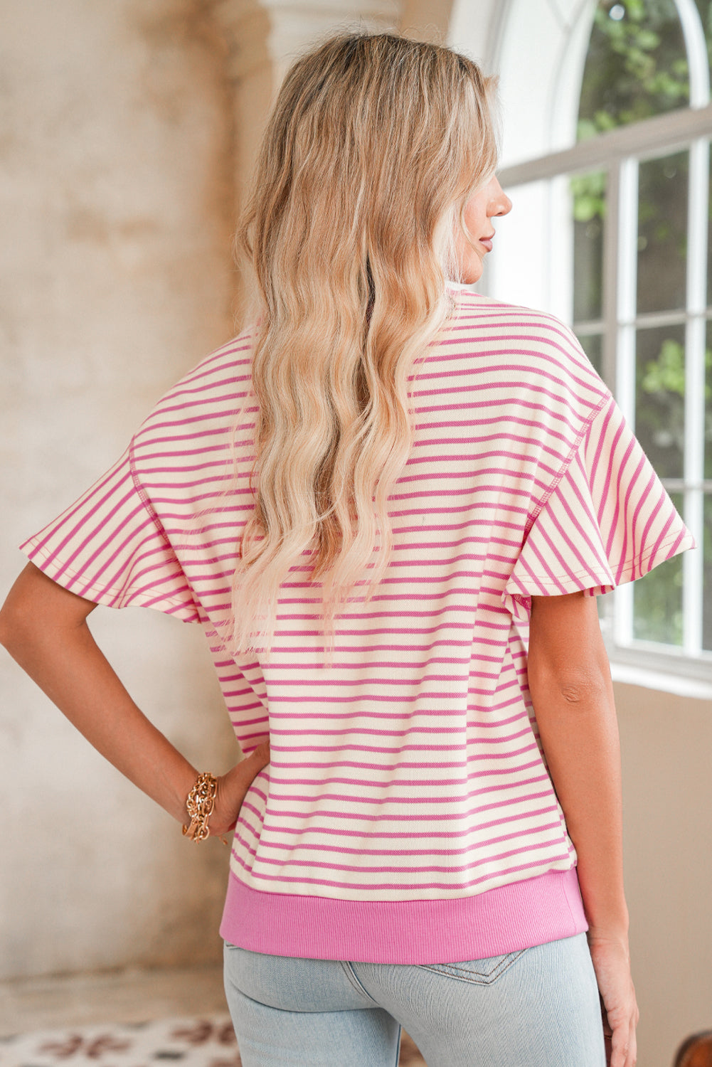Bright Green Striped Ruffle Sleeve Round Neck Top