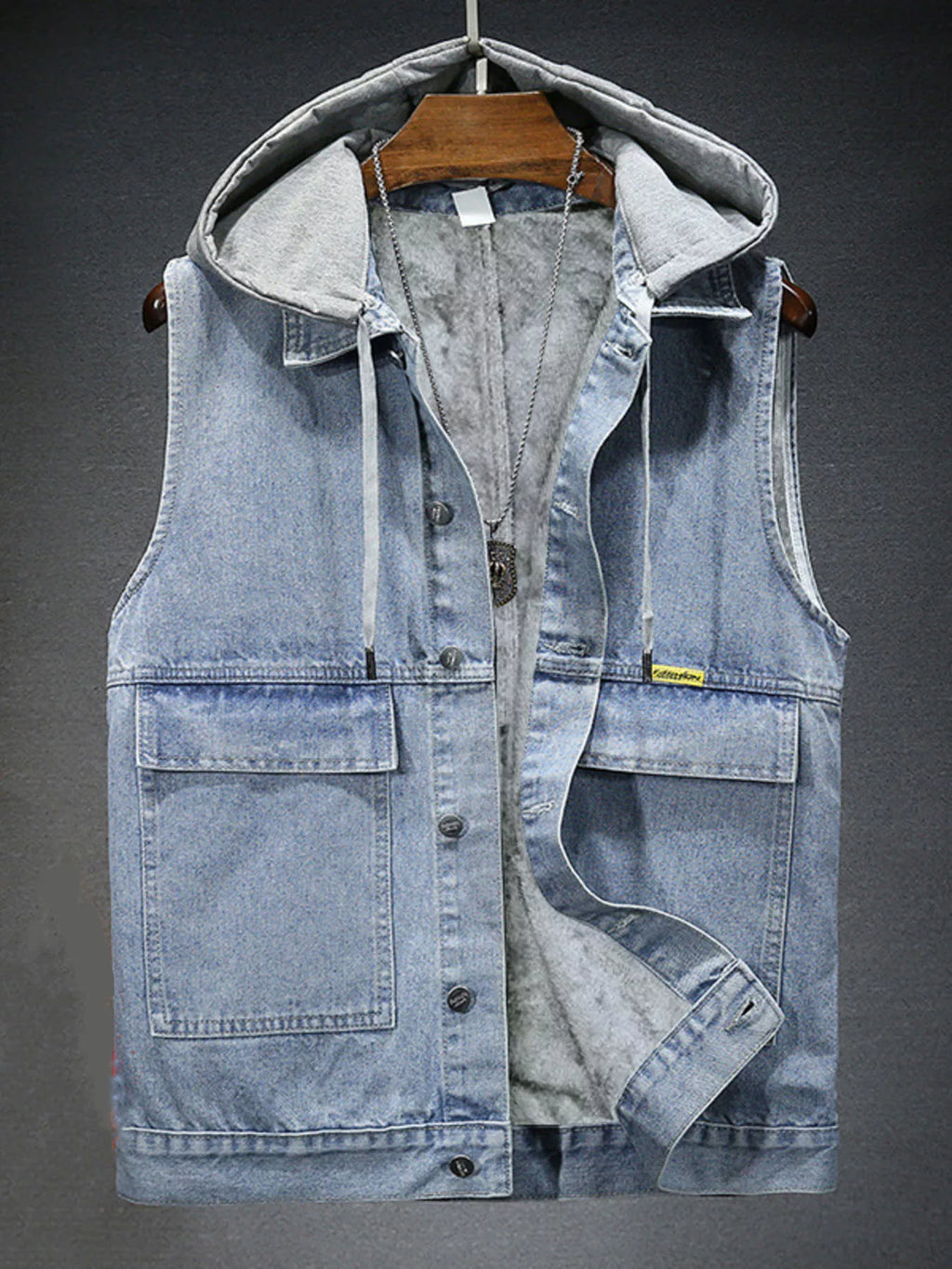 Men's Plus Size Hooded Denim Vest with Fleece Lining