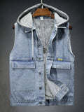 Men's Plus Size Hooded Denim Vest with Fleece Lining