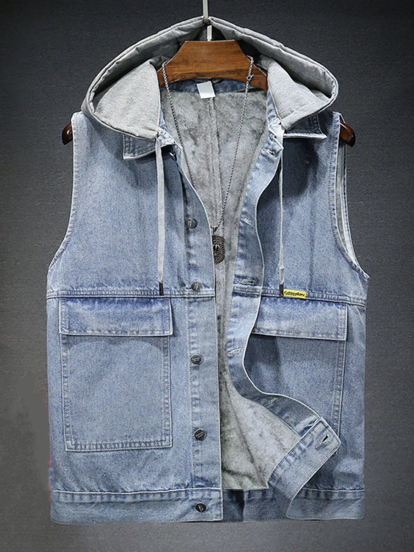 Men's Plus Size Hooded Denim Vest with Fleece Lining