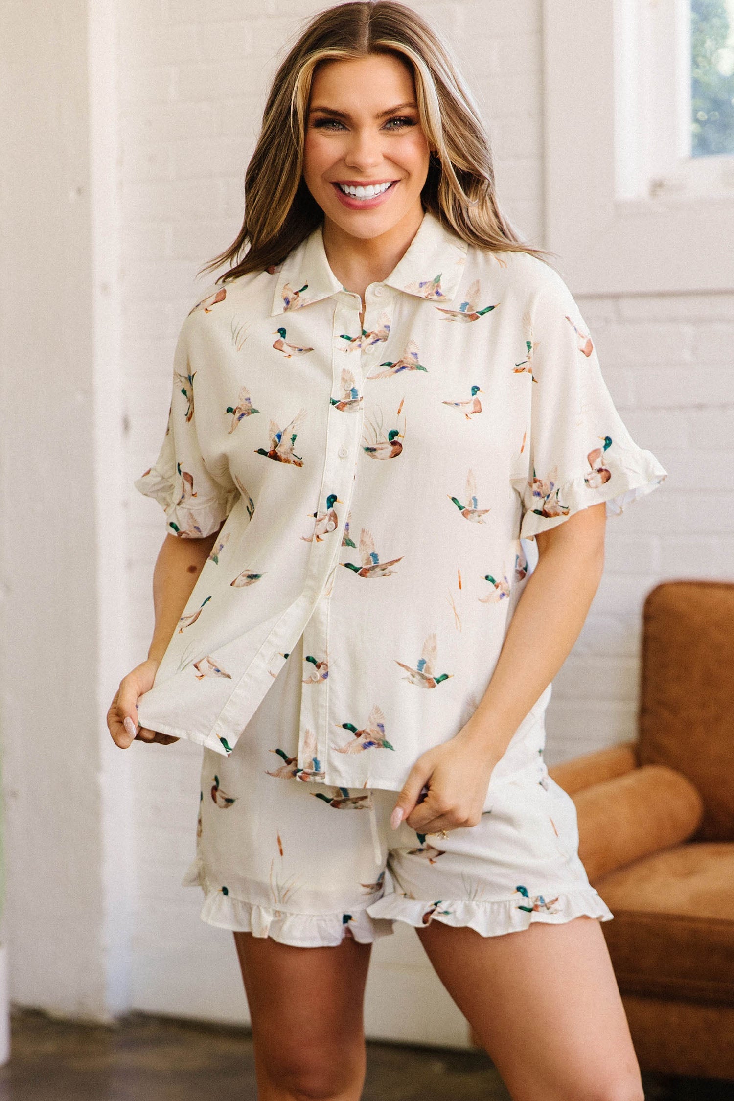 Beige Mallard Print Shirt Style Short Two Piece Set