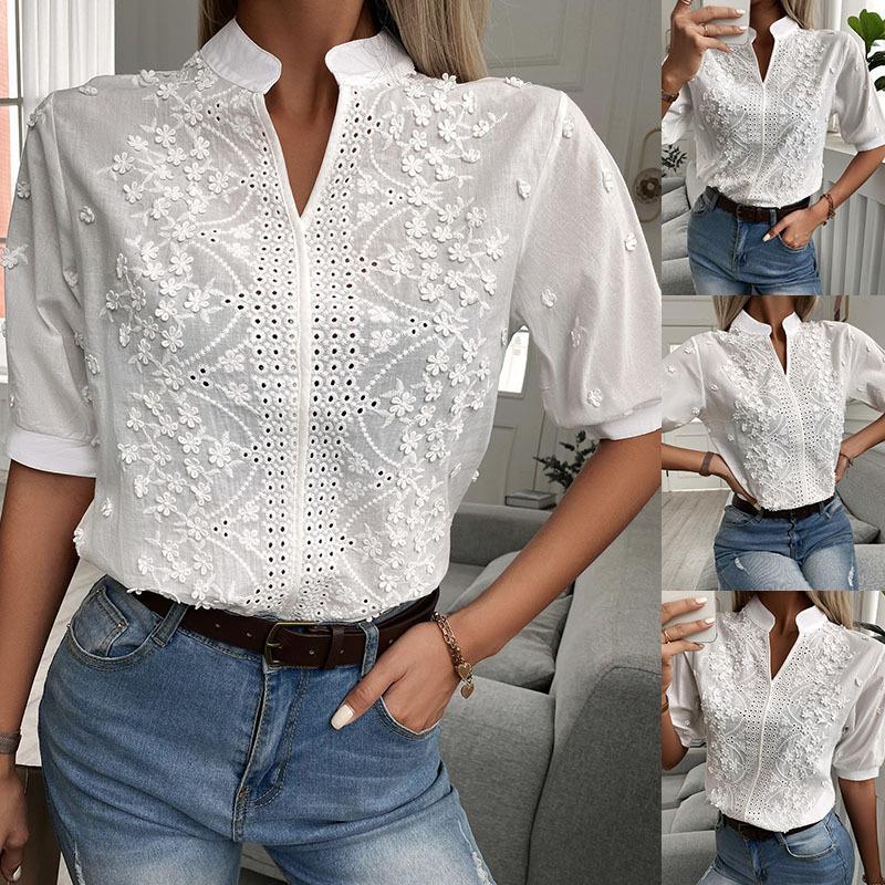 🌸 Women's V-Neck Stand Collar Embroidered Lace Blouse
