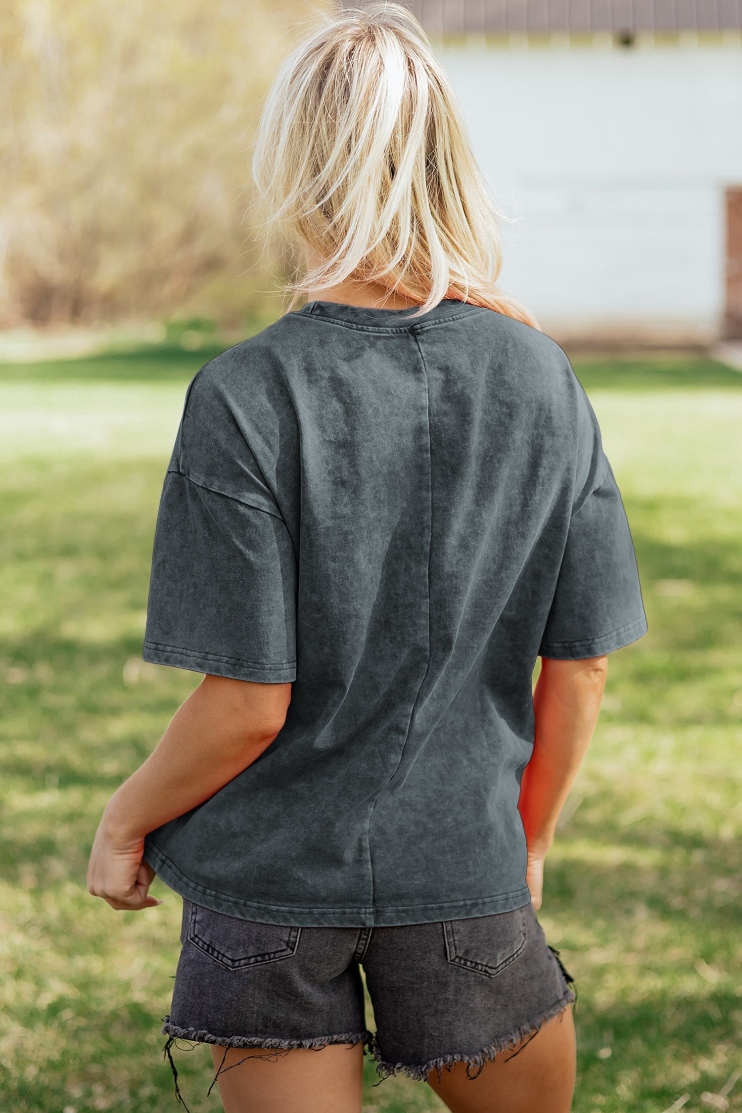 Dark Grey Solid Color Cotton Mineral Washed Oversize Tee