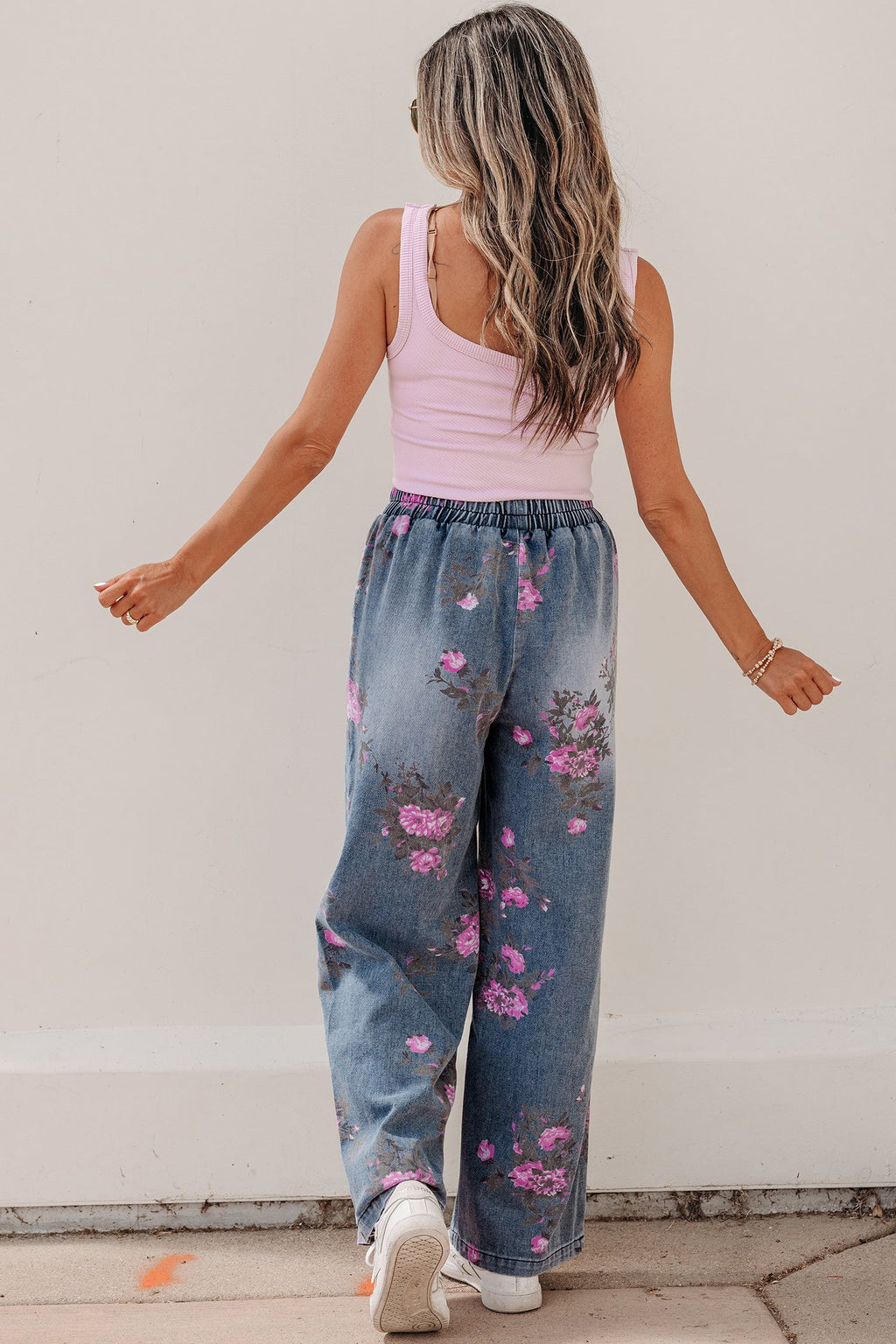 Beau Blue Floral Print Elastic Waist Pull On Casual Jeans