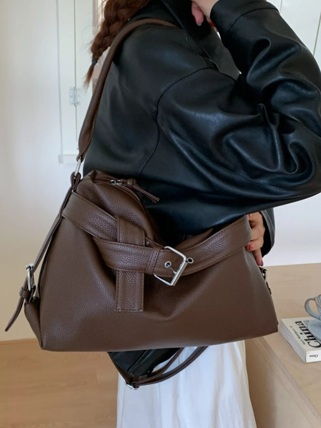 Decor Buckle Leather Shoulder Bag