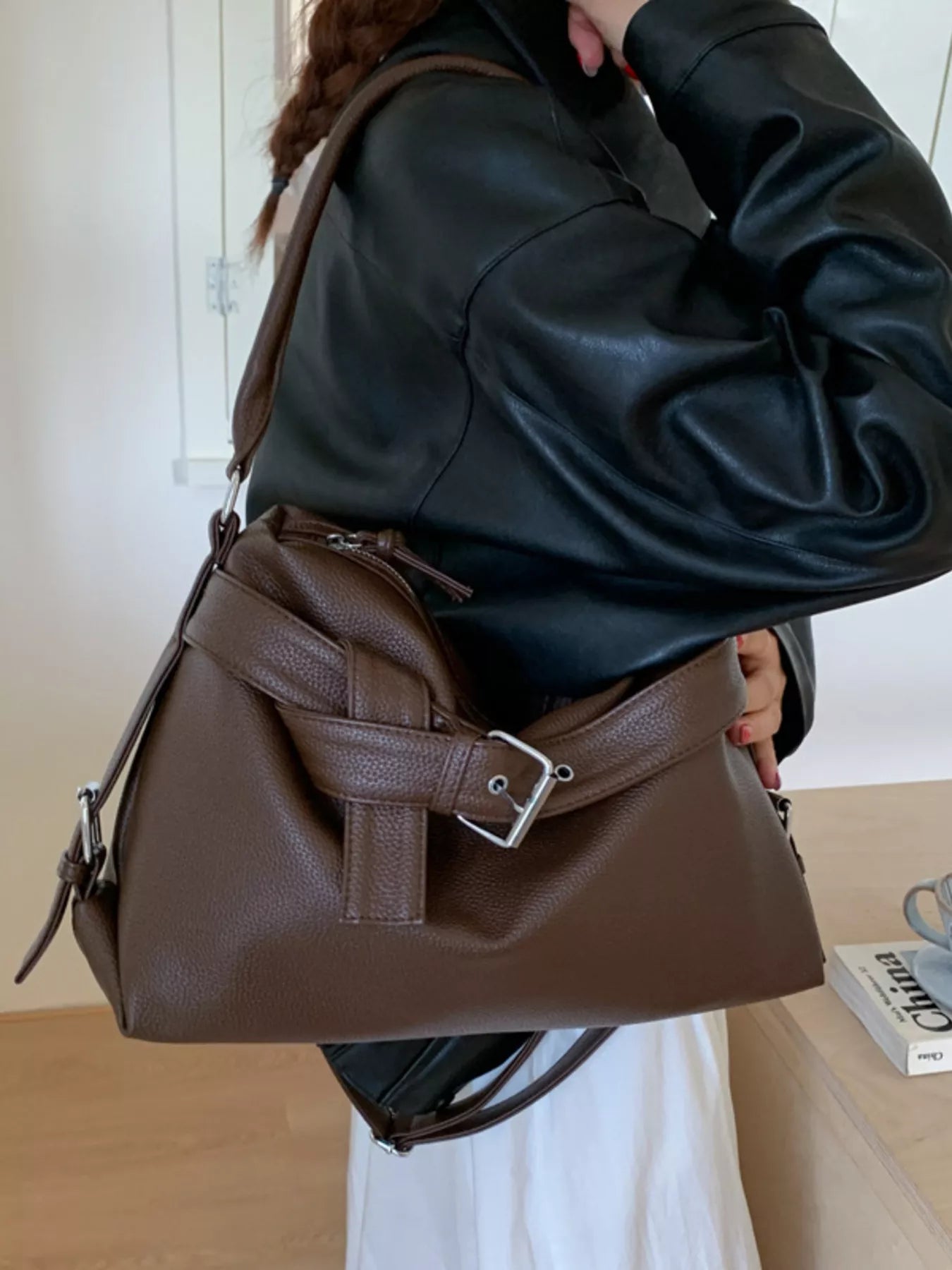 Decor Buckle Leather Shoulder Bag