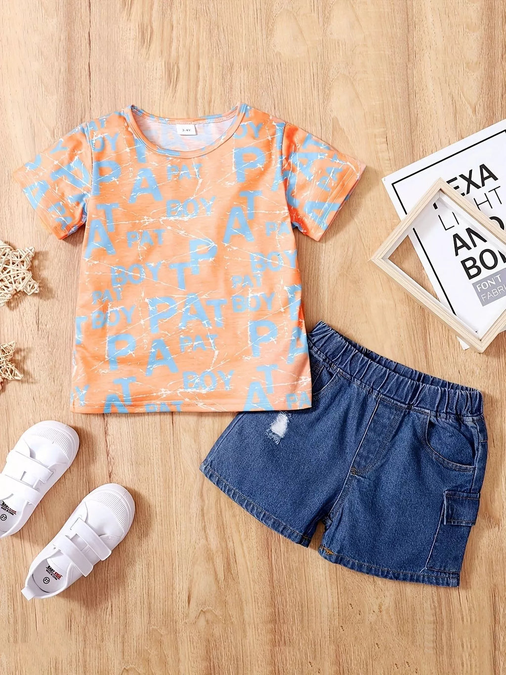 Children's Letter Print T-Shirt & Denim Shorts Set