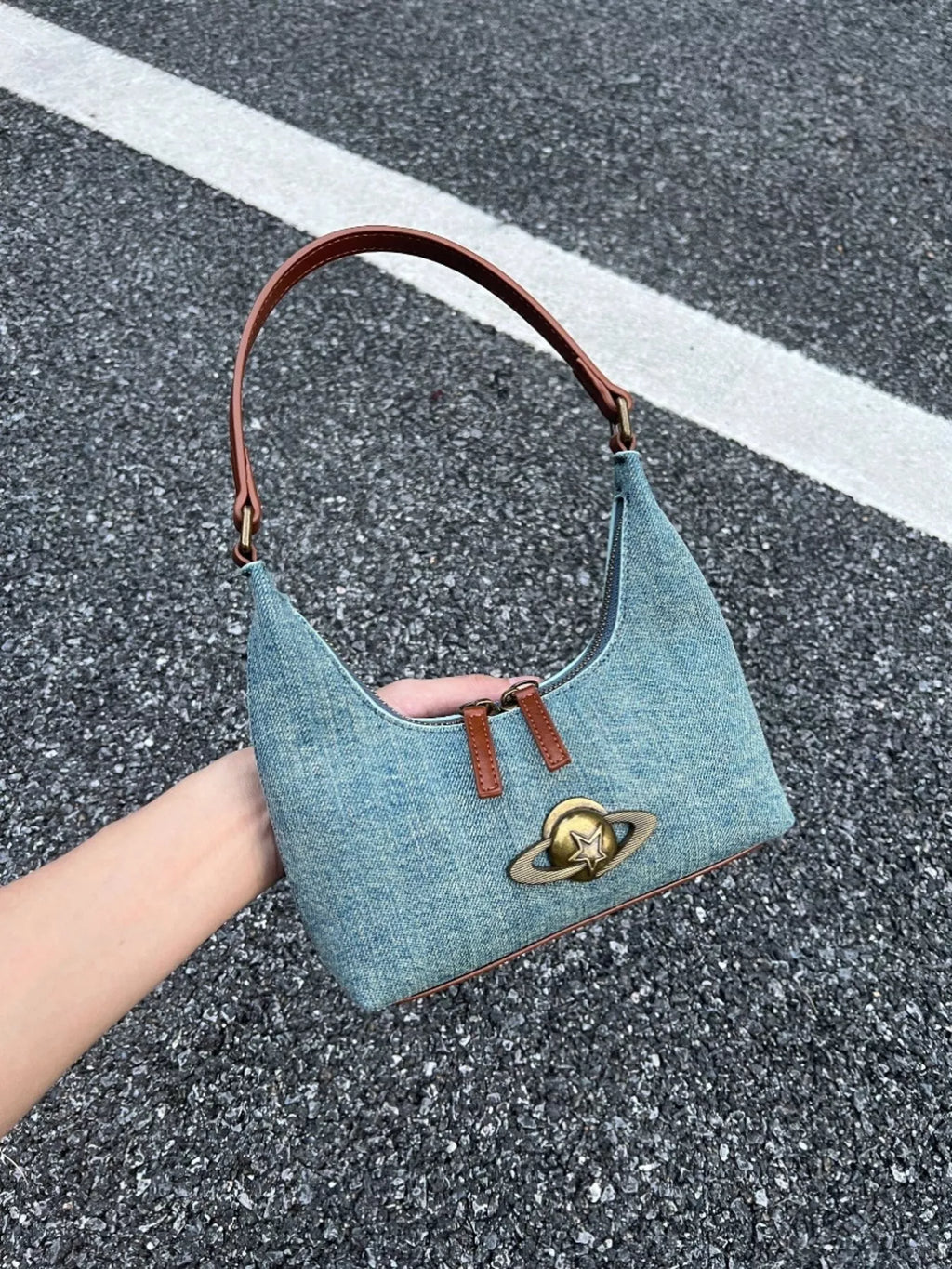 Denim Planet Decor Shoulder Bag