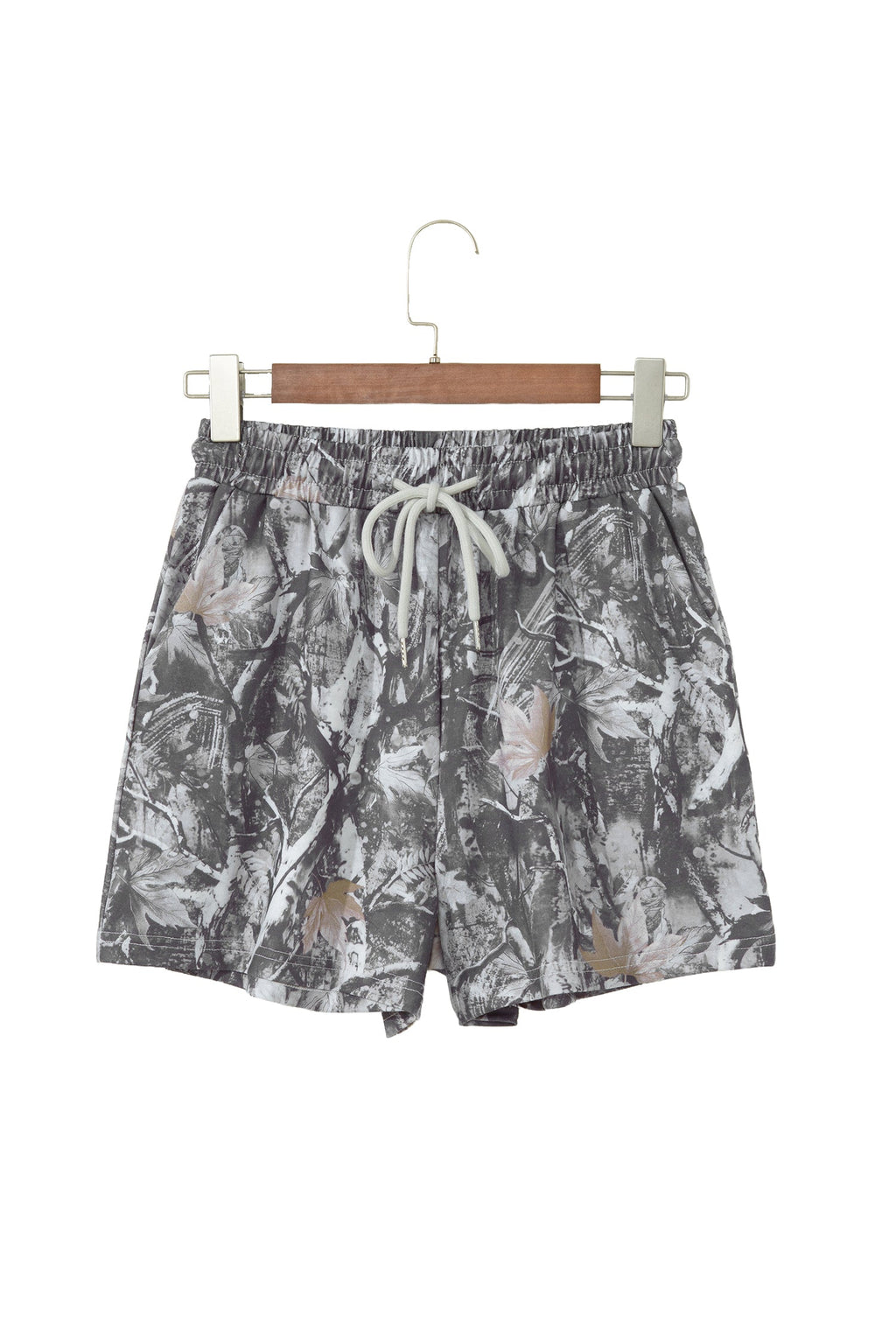 Gray Abstract Maple Leaf Printed Tie Elastic Waist Shorts