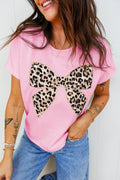 Pink Leopard Bow Embroidered Cotton Round Neck T Shirt