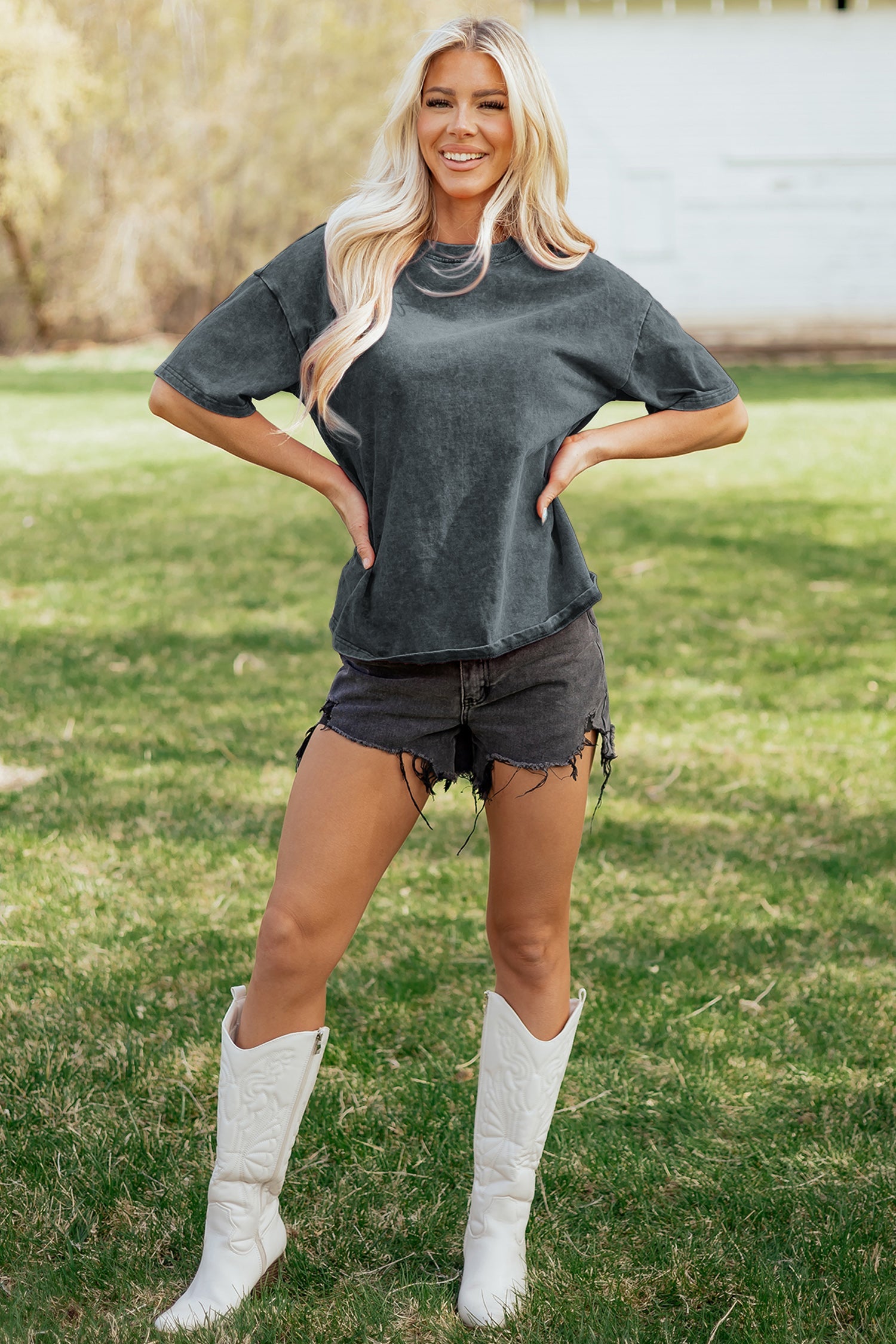 Dark Grey Solid Color Cotton Mineral Washed Oversize Tee