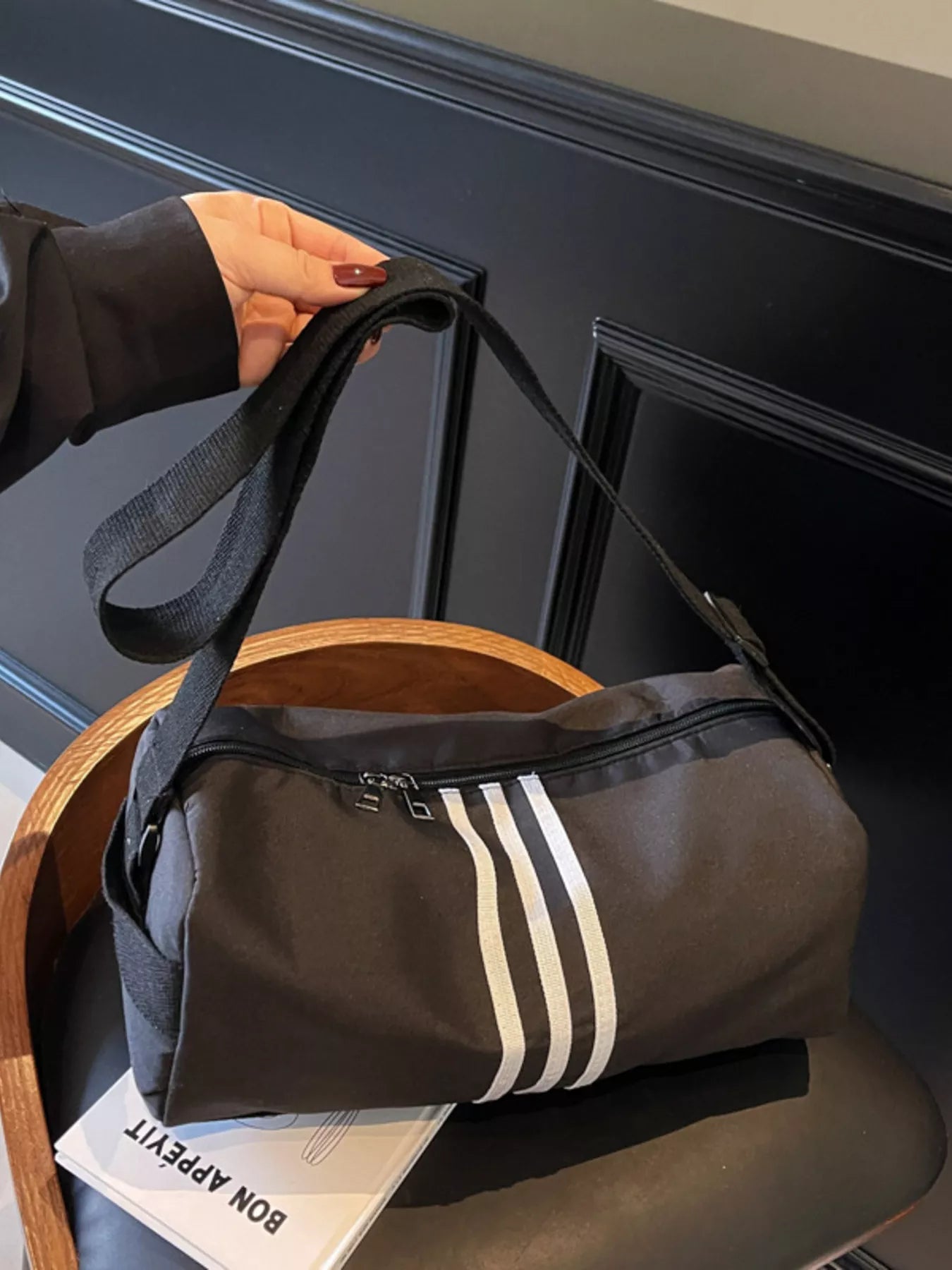 Striped Adjustable Strap Duffel Bag