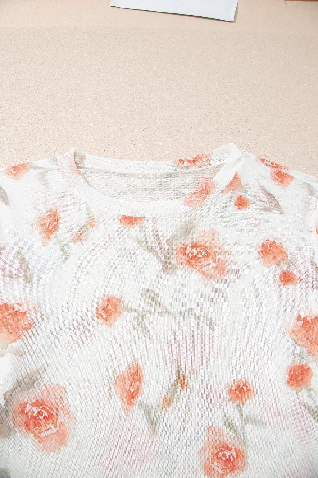Red Plus Size Floral Print Sheer Mesh Long Sleeve Top