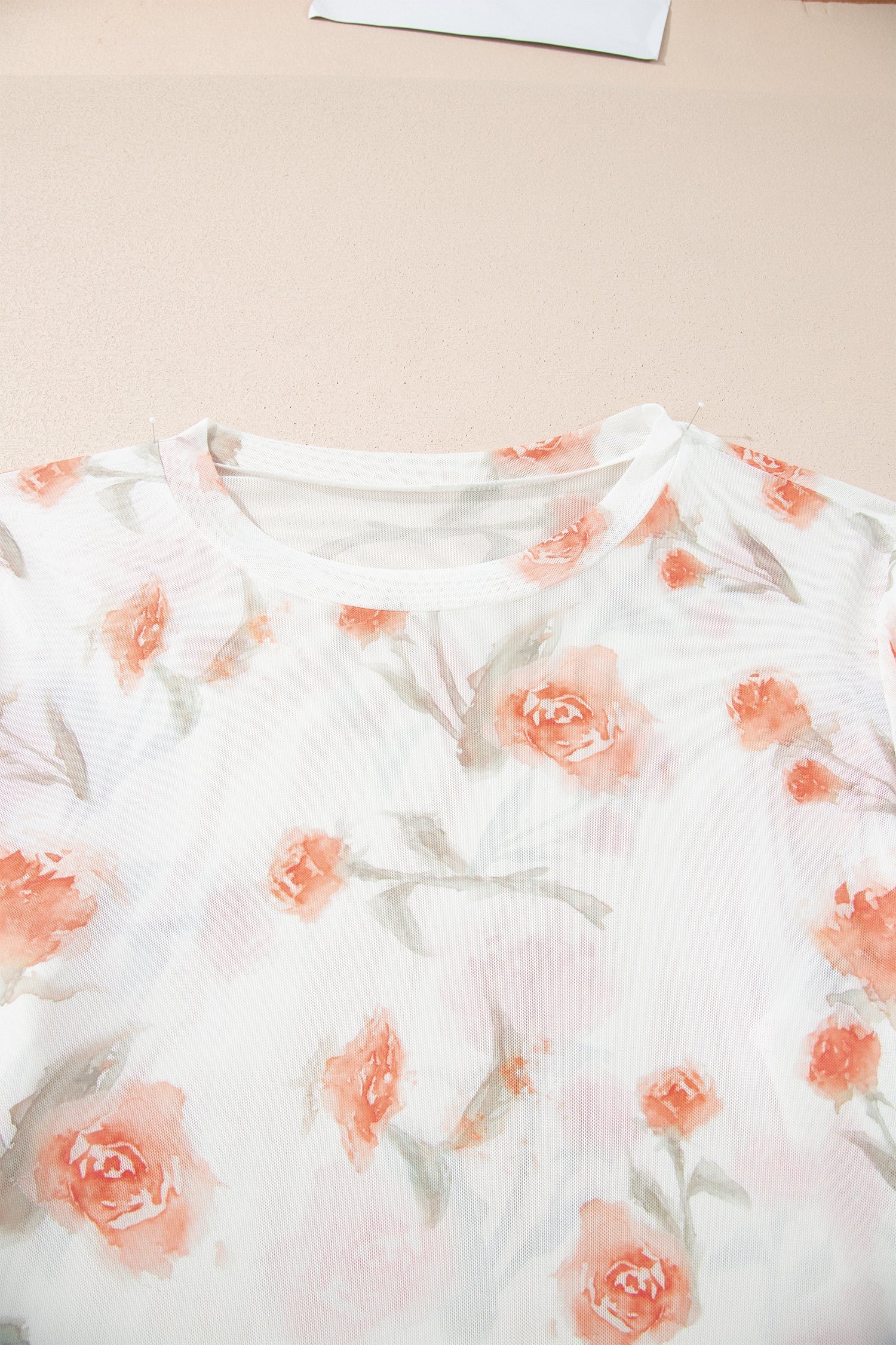 Red Plus Size Floral Print Sheer Mesh Long Sleeve Top