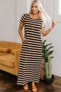 Black Stripe Casual Round Neck T-shirt Maxi Dress with Pockets