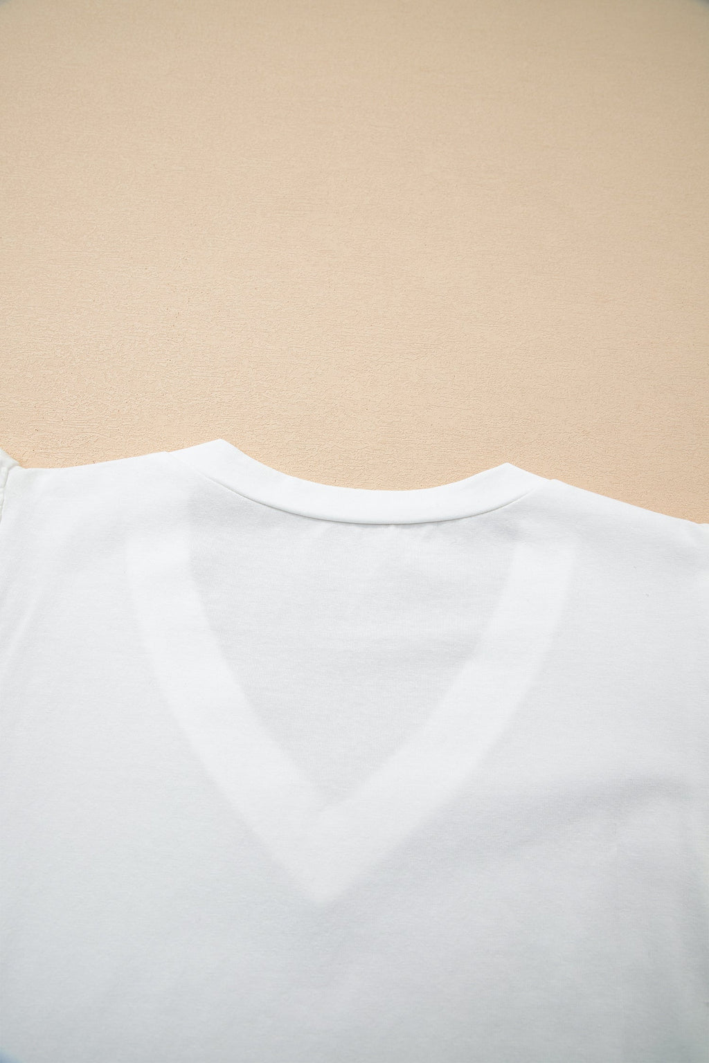 White Eyelet Embroidered Flutter Sleeve Patchwork V Neck Tee