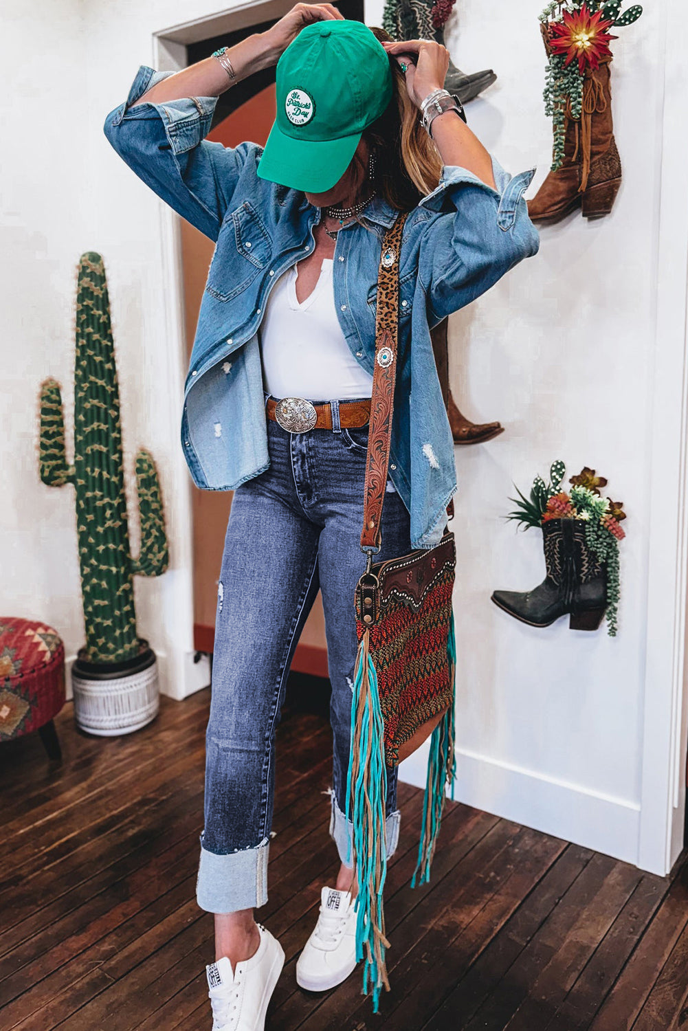 Real Teal Folded Cuffs Distressed Straight High Waist Jeans