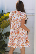 Apricot Floral Geometric Print Ruffled Trim Flutter Sleeve Mini Dress