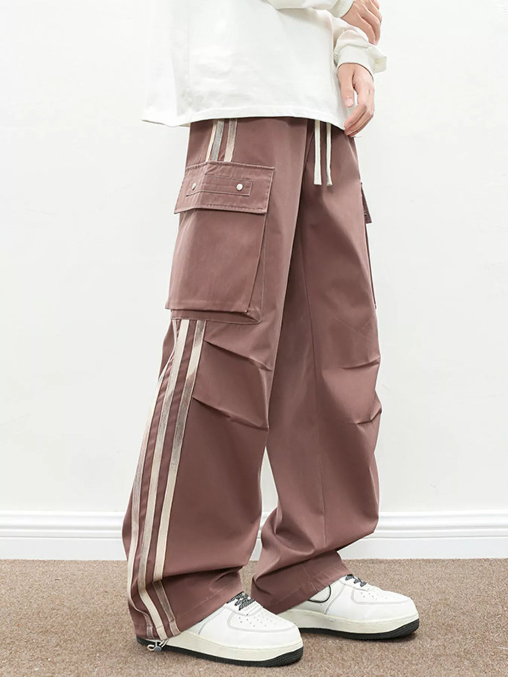 Men's Plus Size Casual Loose Cargo Pants with Side Stripes