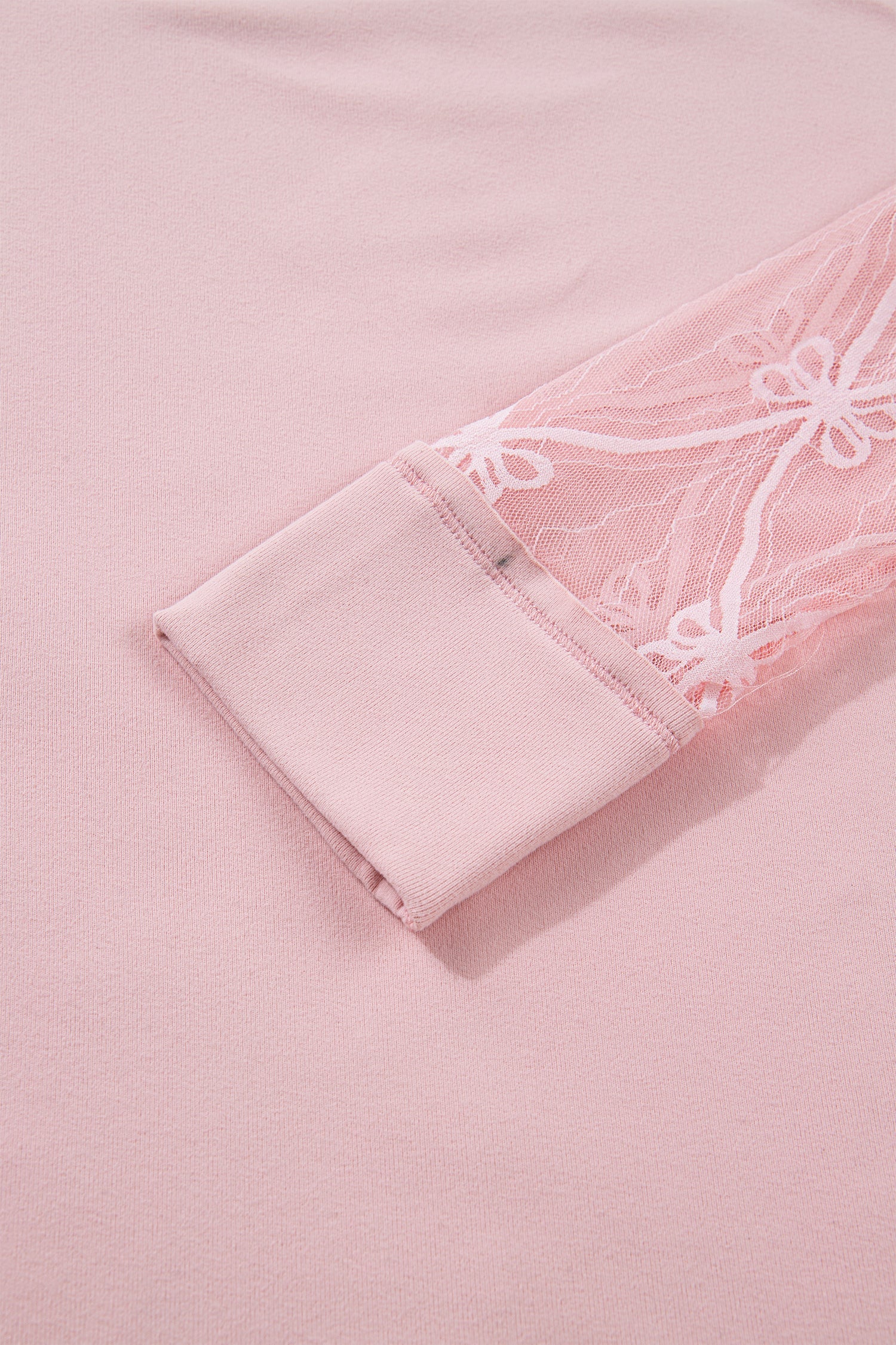 Light Pink Solid Color Bow Textured Patchwork Long Sleeve Tee