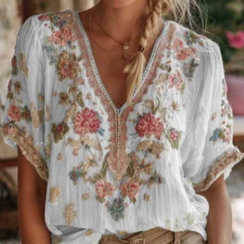Women's Artistic Retro V-Neck Short-Sleeve Top – 3D Print