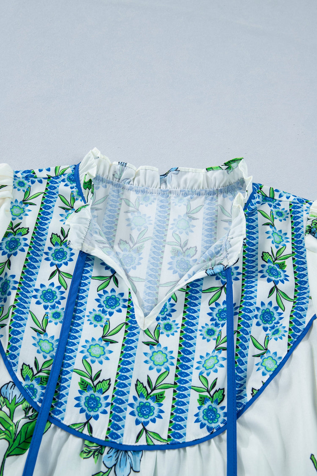 White Floral Print Contrast Trim Tie Neck Blouse