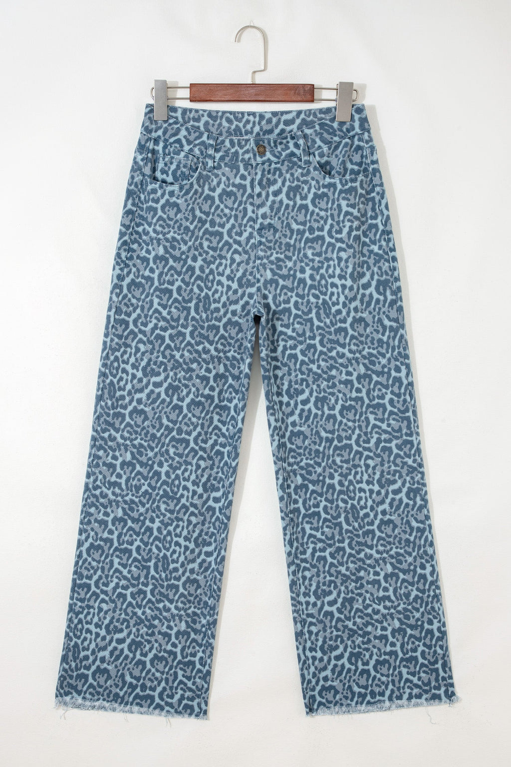Sky Blue Leopard Frayed Edge Wide Leg High Waist Jeans