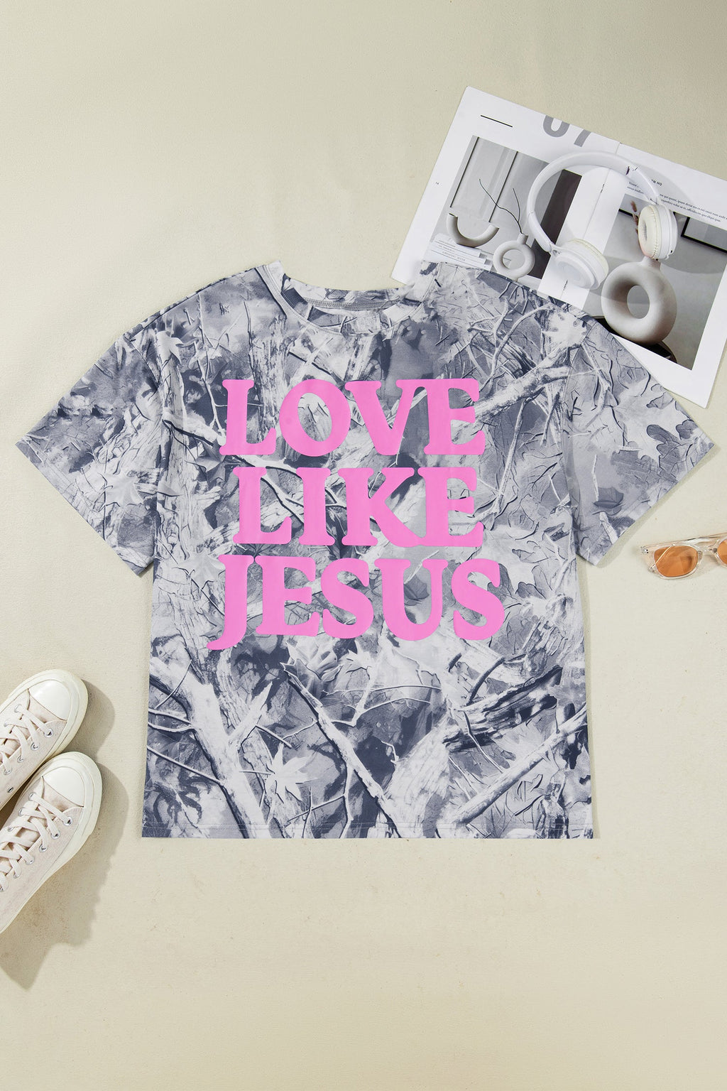 Gray Woodland Camouflage LOVE LIKE JESUS Plus Size T Shirt