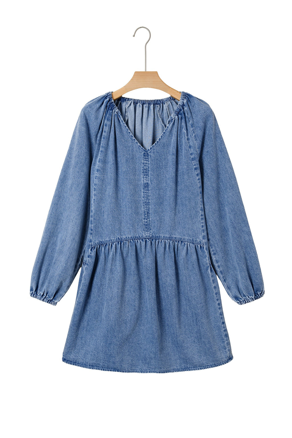 Myosotis Puff Sleeve V Neck Ruffled Loose Denim Mini Dress