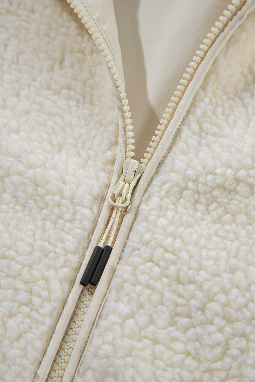 Beige Fleece Zip Up Drawstring Hooded Pocketed Jacket