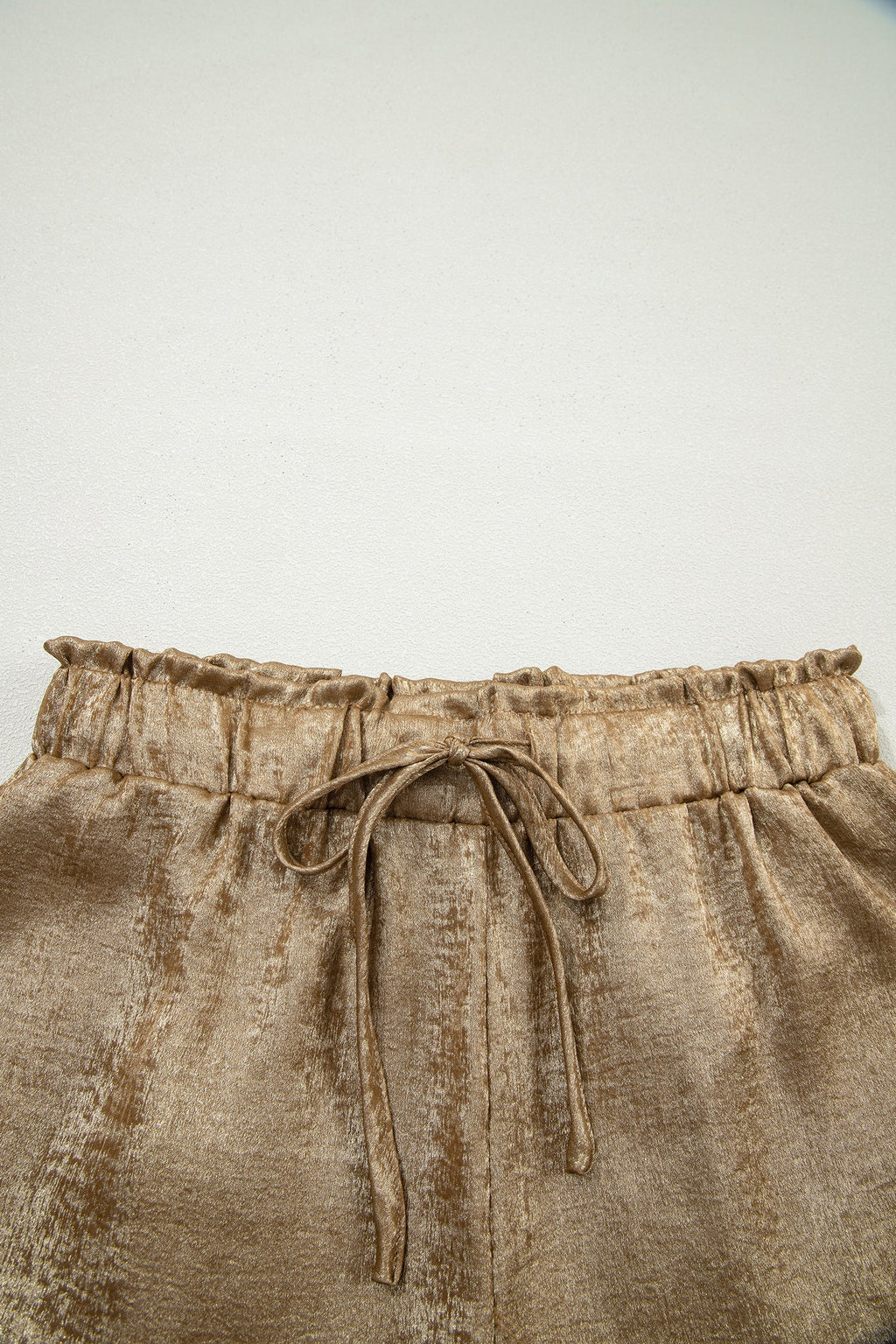 Gold Metallic Luster Tie Elastic Waist Cuffed Hem Shorts