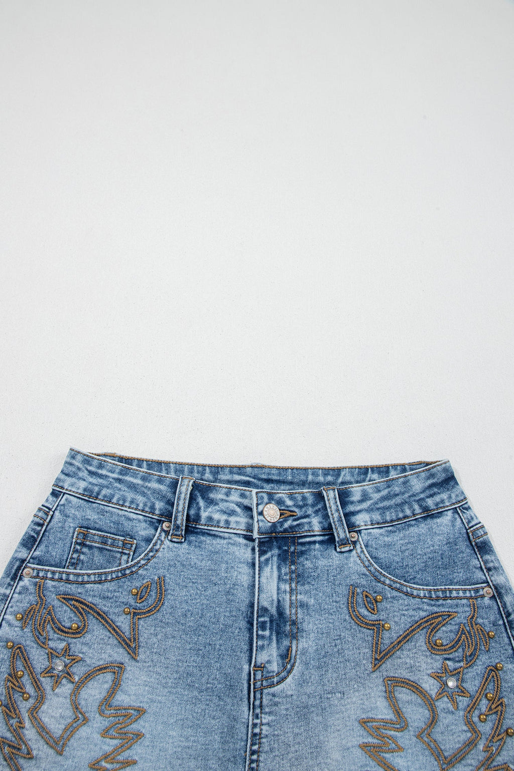 Dusk Blue Western Embroidery Stud Denim Shorts Summer Daily Wear