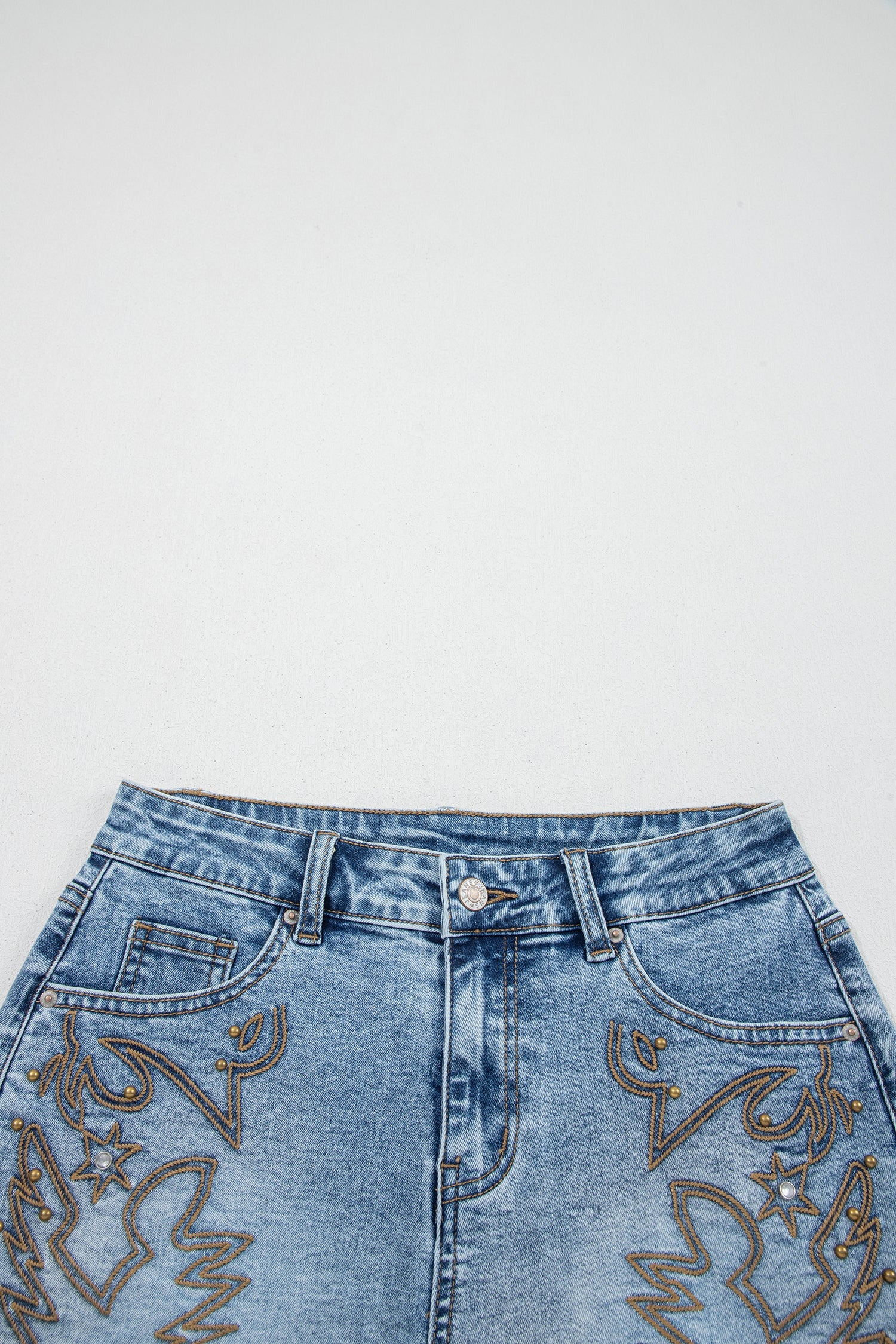 Dusk Blue Western Embroidery Stud Denim Shorts Summer Daily Wear