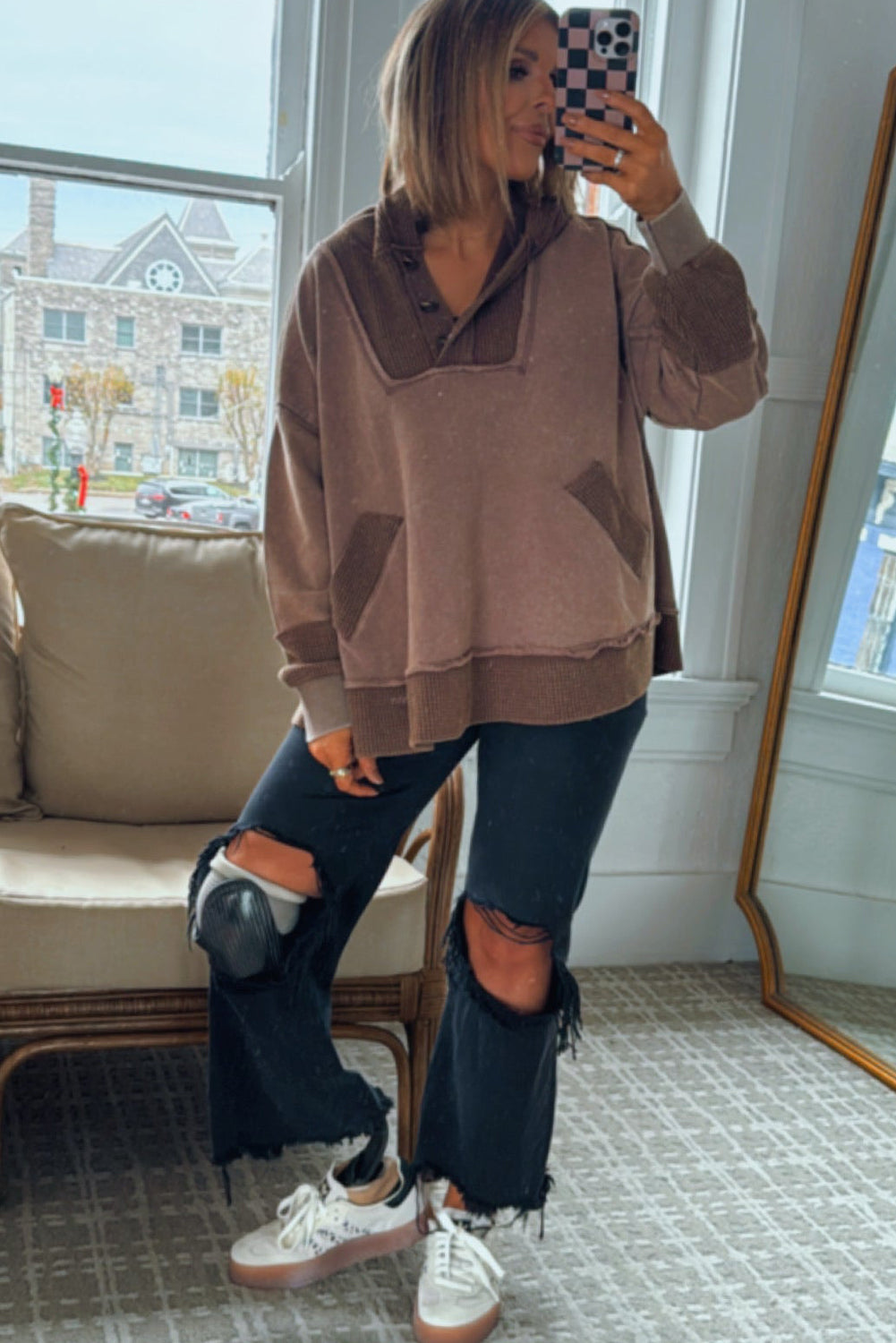 Goat Waffle Contrast Patchwork Plus Size Pocketed Hoodie
