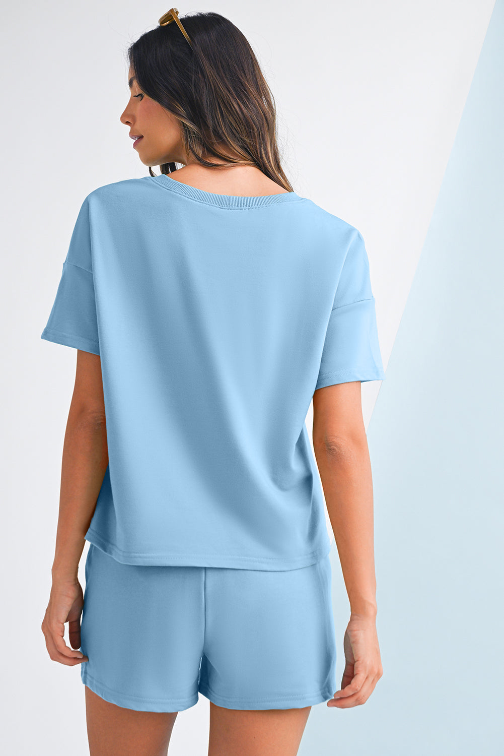 Mint Green V Neck Drop Shoulder Tee and Patchwork Shorts Set