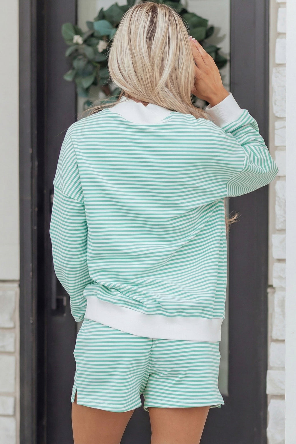 Green Stripe Oversize Mock Neck Sweatshirt and Shorts Set